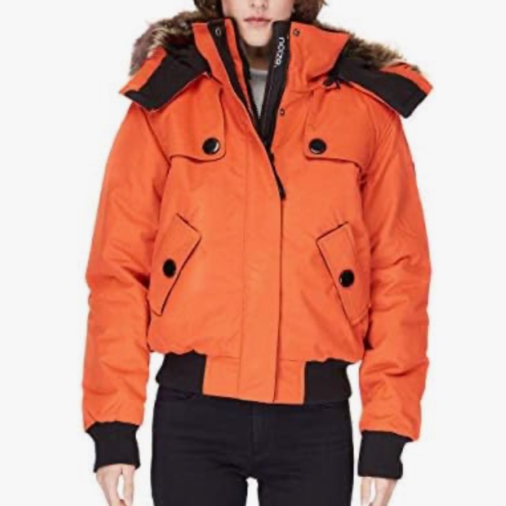 NOIZE Bomber Jacket, Women's Winter Coat, Faux Fur Hooded Parka, Orange Medium
